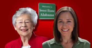 ivey and britt with welcome to alabama sign against red backgorund