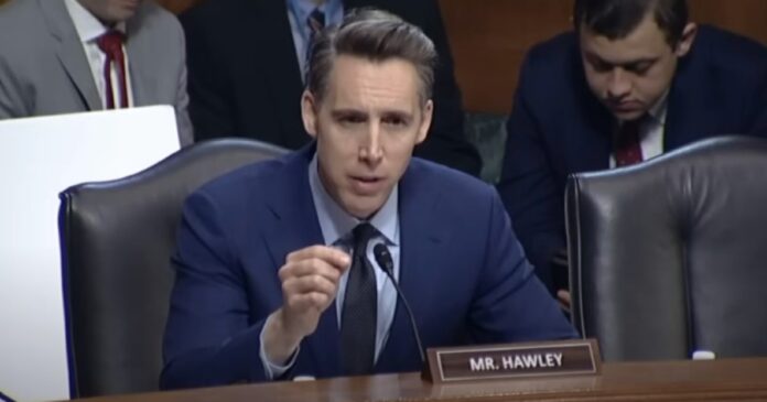 senator josh hawley opposes medicaid cuts by republicans Missouri Senator Josh Hawley speaking from his senate chair.